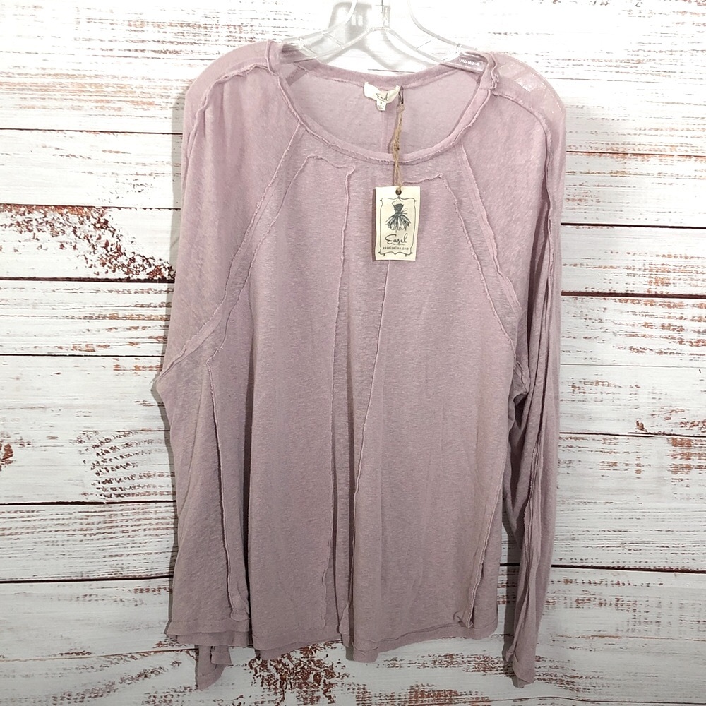EASEL Women's Lavender purple pastel Long Sleeve viscose linen Top NWT LG sheer